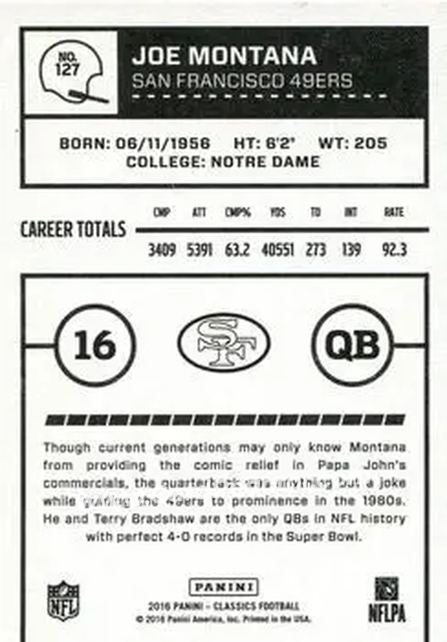 2016 Panini Classics #127b - Joe Montana - San Francisco 49ers - Back
