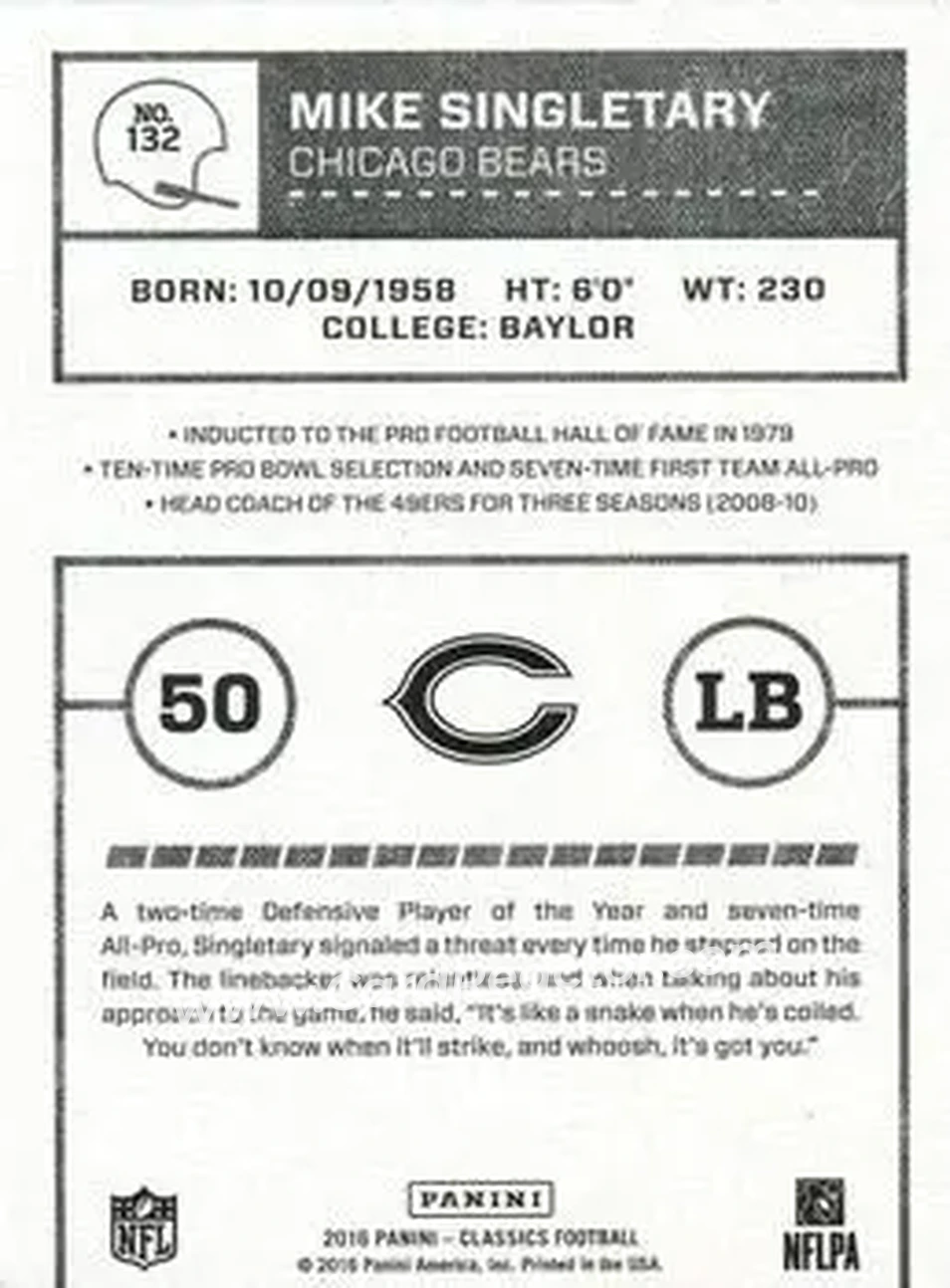 2016 Panini Classics #132 - Mike Singletary - Chicago Bears - Back