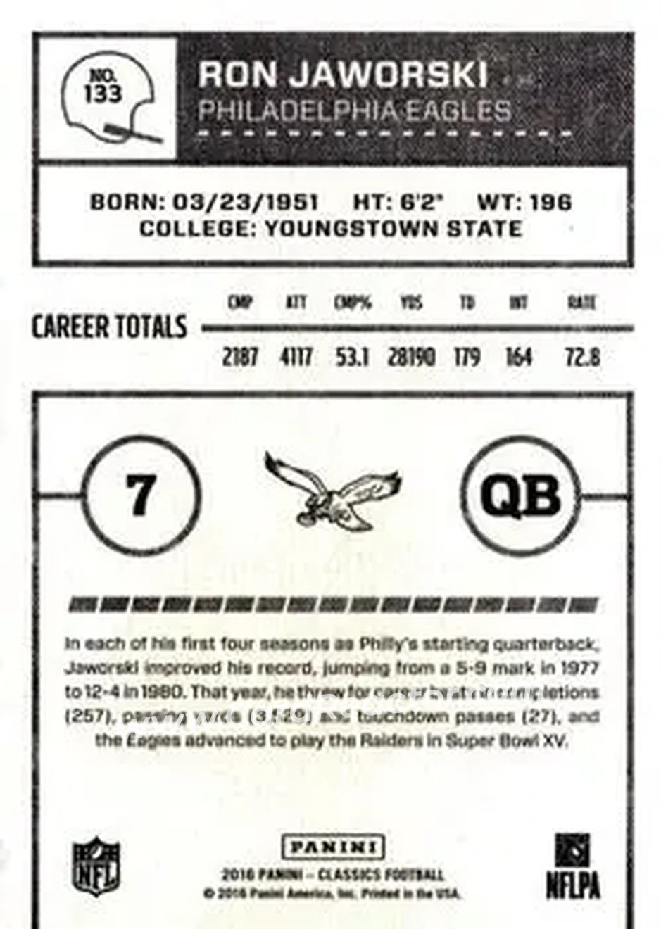 2016 Panini Classics #133 - Ron Jaworski - Philadelphia Eagles - Back