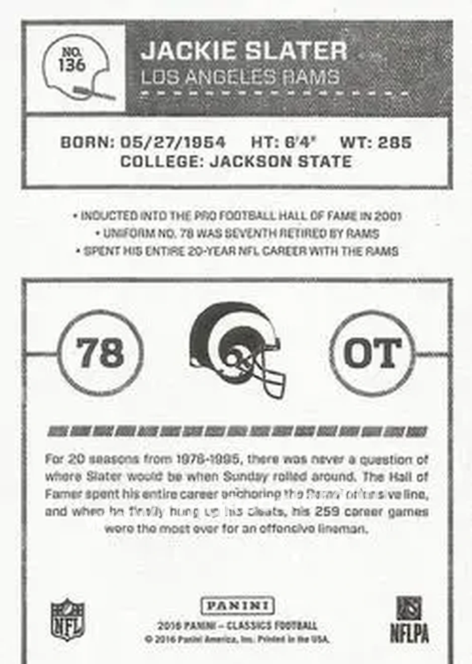 2016 Panini Classics #136 - Jackie Slater - Los Angeles Rams - Back 2016 Panini Classics #136 - Jackie Slater - Los Angeles Rams - Back