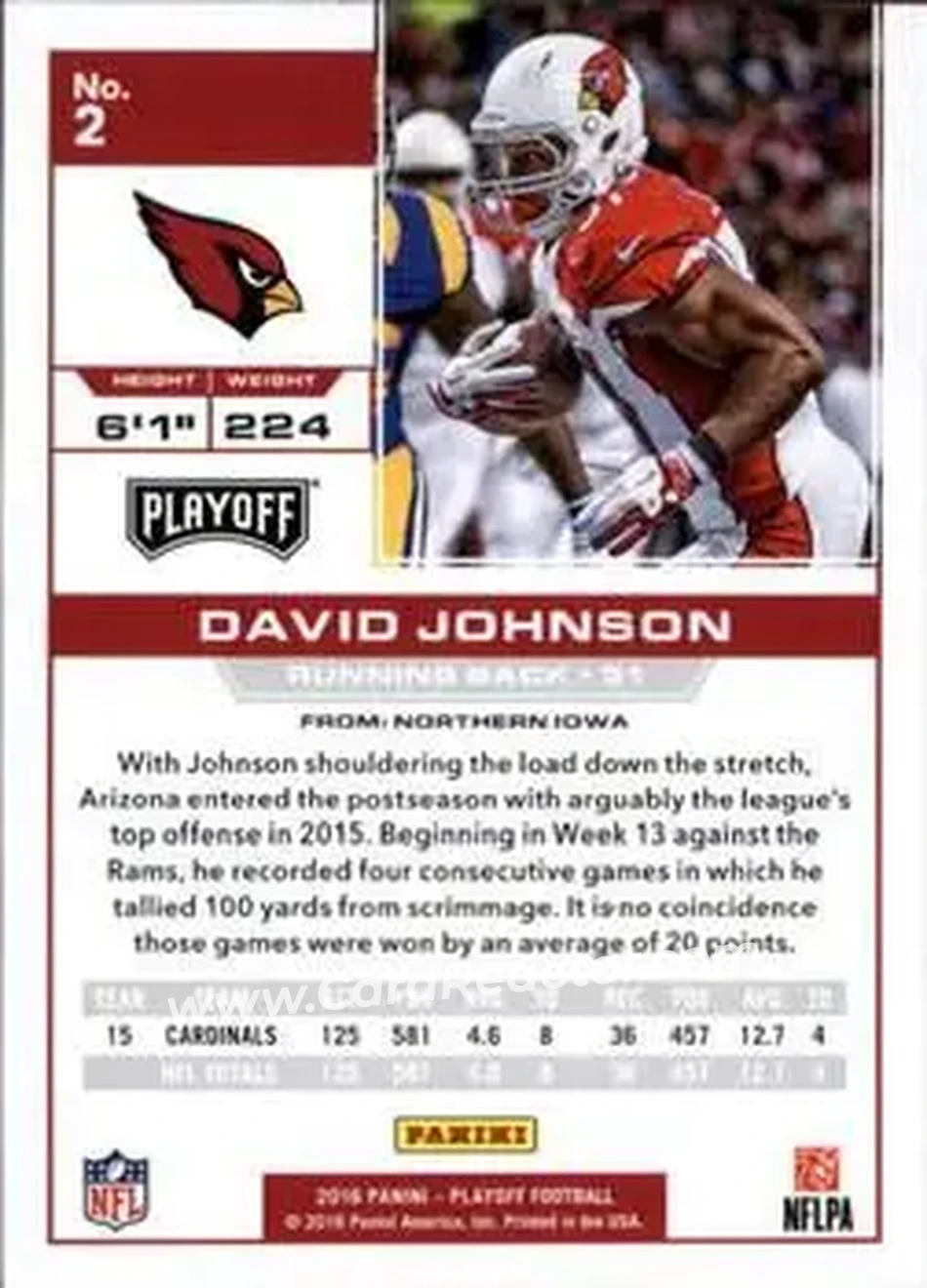 2016 Panini Playoff #2 - David Johnson - Arizona Cardinals - Back