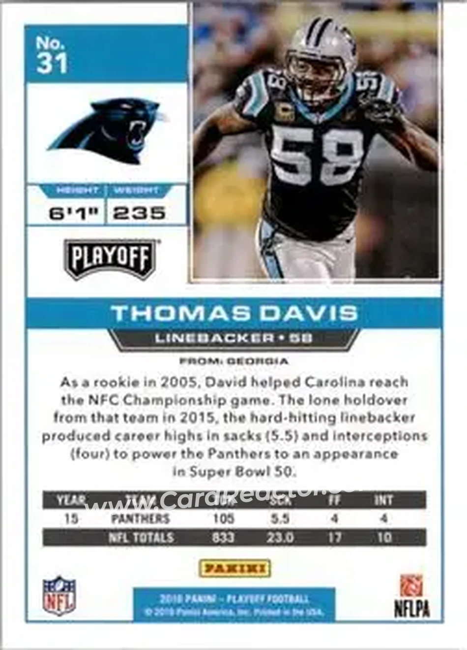2016 Panini Playoff #31 - Thomas Davis - Carolina Panthers - Back