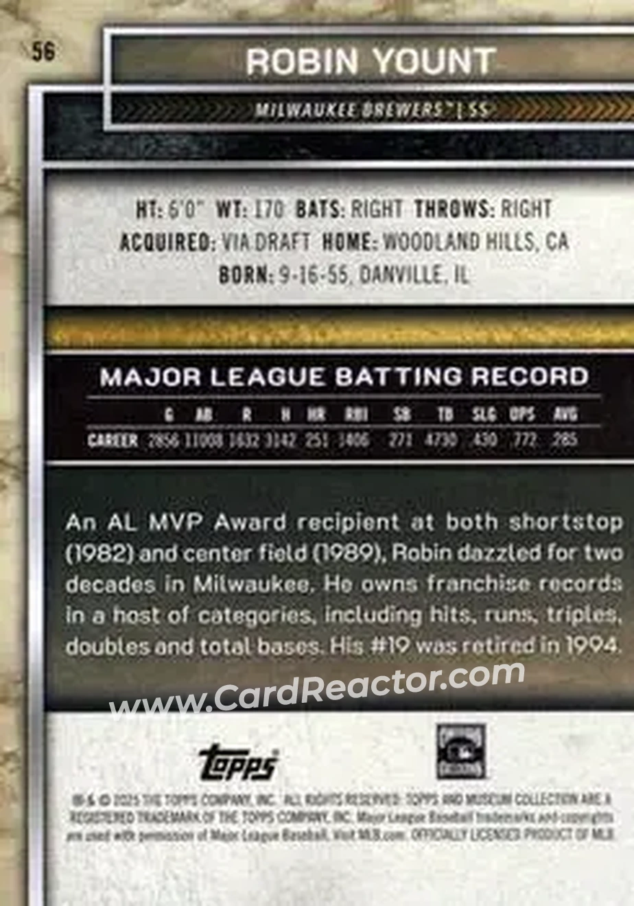 2025 Topps Museum Collection - Emerald #56 - Robin Yount - Milwaukee Brewers - Back 2025 Topps Museum Collection - Emerald #56 - Robin Yount - Milwaukee Brewers - Back