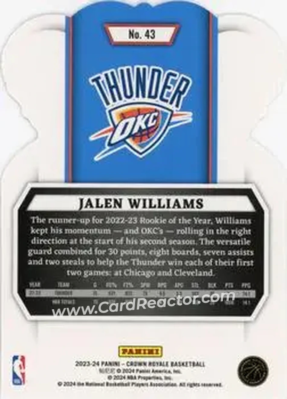 2023-24 Panini Crown Royale - Crystal Purple #43 - Jalen Williams - Oklahoma City Thunder - Back