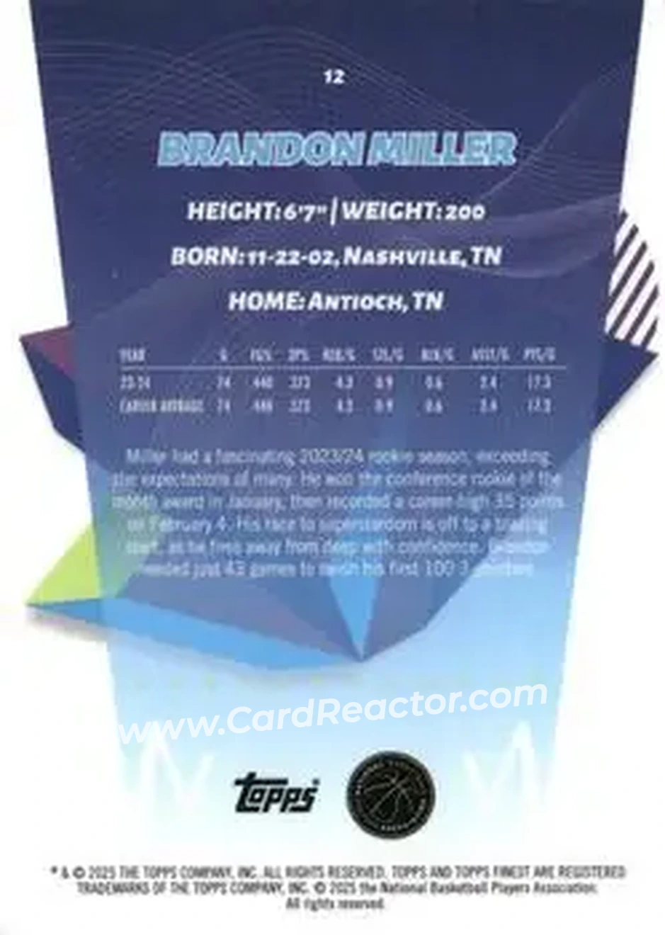 2024-25 Finest #12 - Brandon Miller - Charlotte Hornets - Back 2024-25 Finest #12 - Brandon Miller - Charlotte Hornets - Back