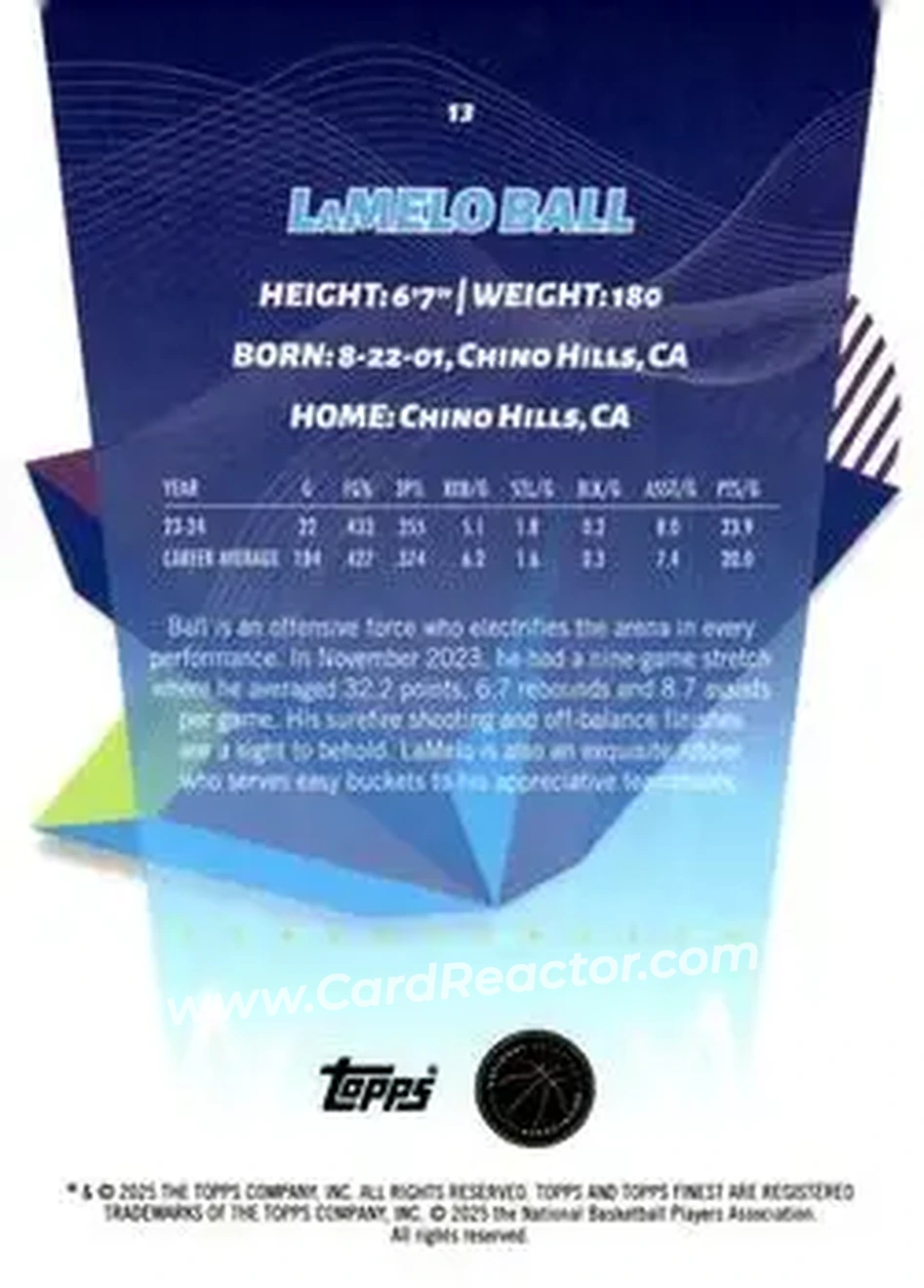 2024-25 Finest #13 - LaMelo Ball - Charlotte Hornets - Back 2024-25 Finest #13 - LaMelo Ball - Charlotte Hornets - Back