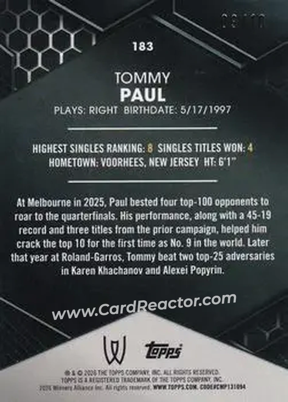 2026 Topps Graphite - White Refractor #183 - Tommy Paul - Back