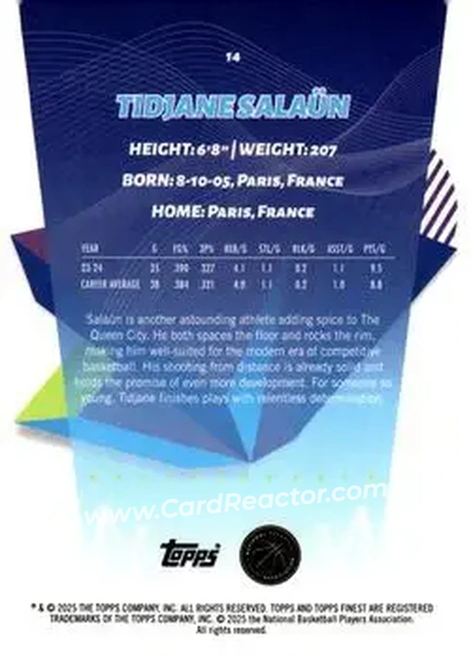 2024-25 Finest #14 - Tidjane Salaün - Charlotte Hornets - Back