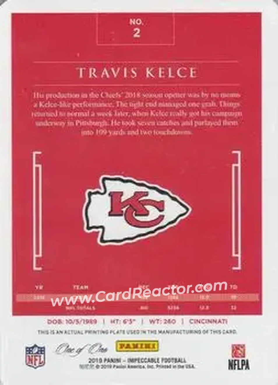 2019 Panini Impeccable - Printing Plate Yellow #2 - Travis Kelce - Kansas City Chiefs - Back