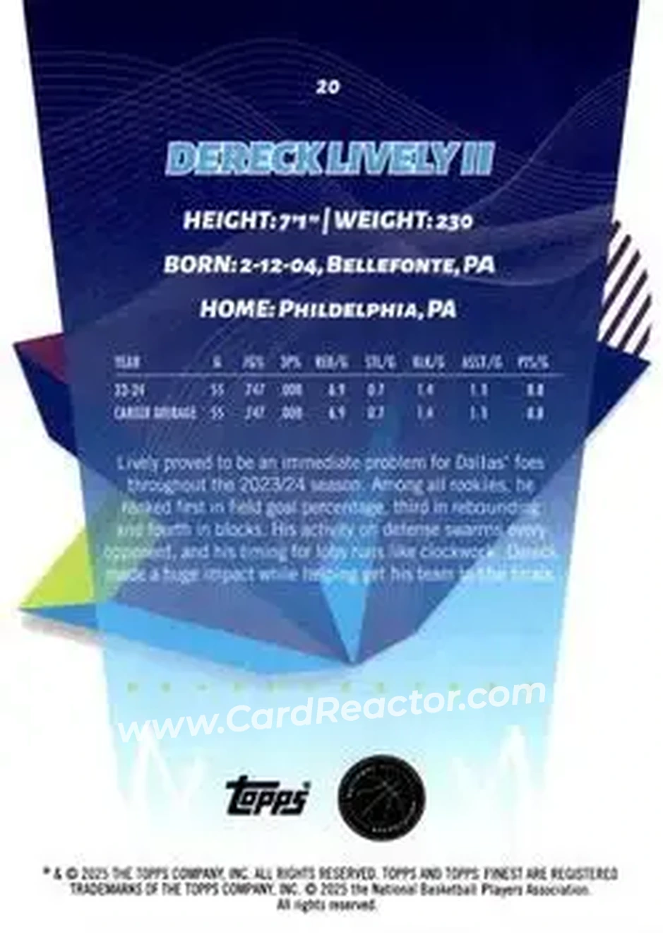 2024-25 Finest #20 - Dereck Lively II - Dallas Mavericks - Back