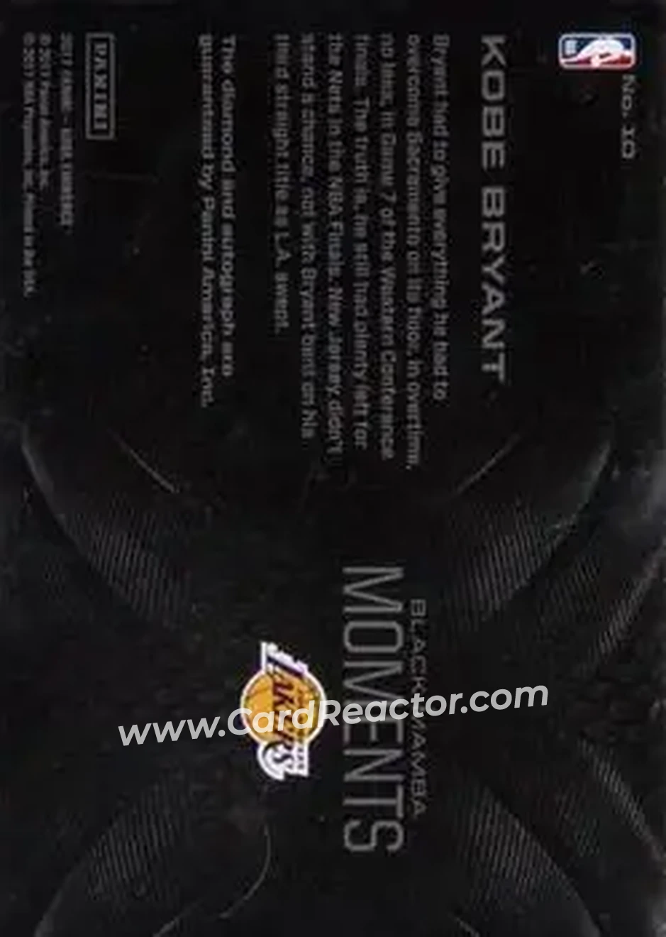 2017-18 Panini Kobe Eminence - Black Mamba Moments Diamond Autographs #10 - Kobe Bryant - Los Angeles Lakers - Back