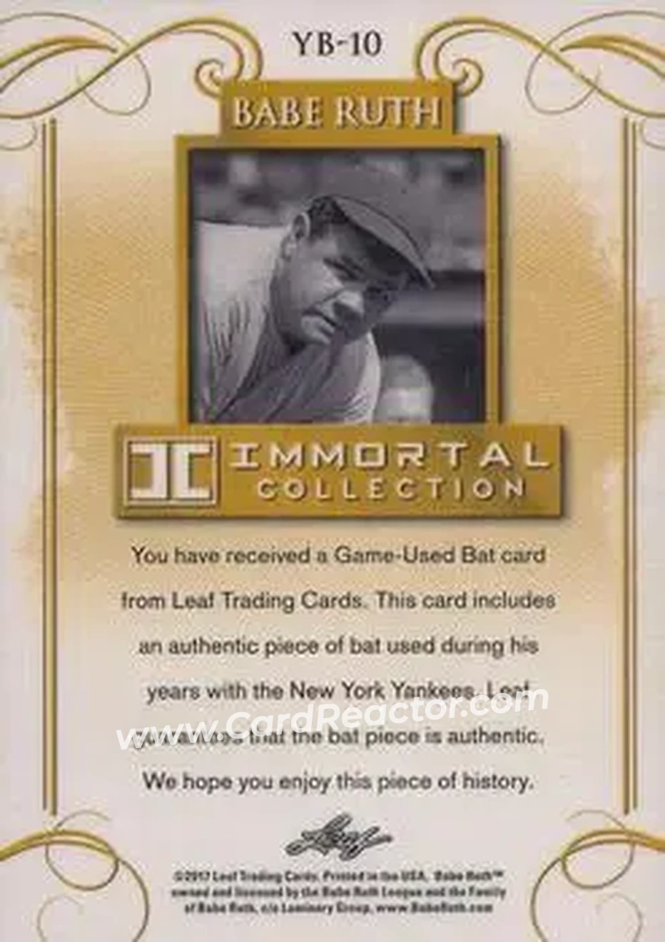 2017 Leaf Babe Ruth Immortal Collection - Game-Used New York Bat Red Spectrum Foil #YB-10 - Babe Ruth - New York Yankees - Back 2017 Leaf Babe Ruth Immortal Collection - Game-Used New York Bat Red Spectrum Foil #YB-10 - Babe Ruth - New York Yankees - Back