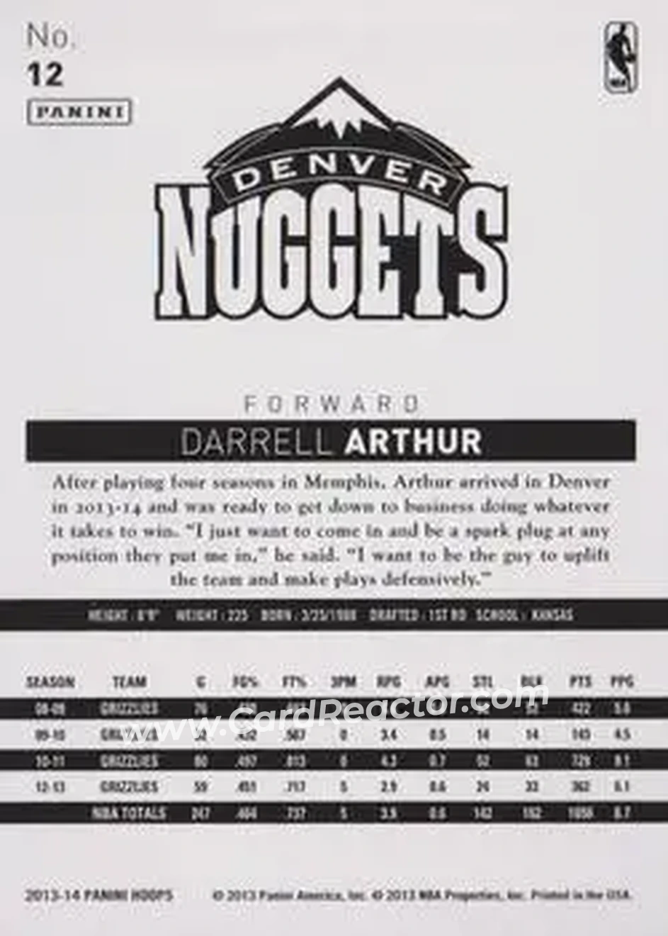 2013-14 Hoops #12 - Darrell Arthur - Denver Nuggets - Back
