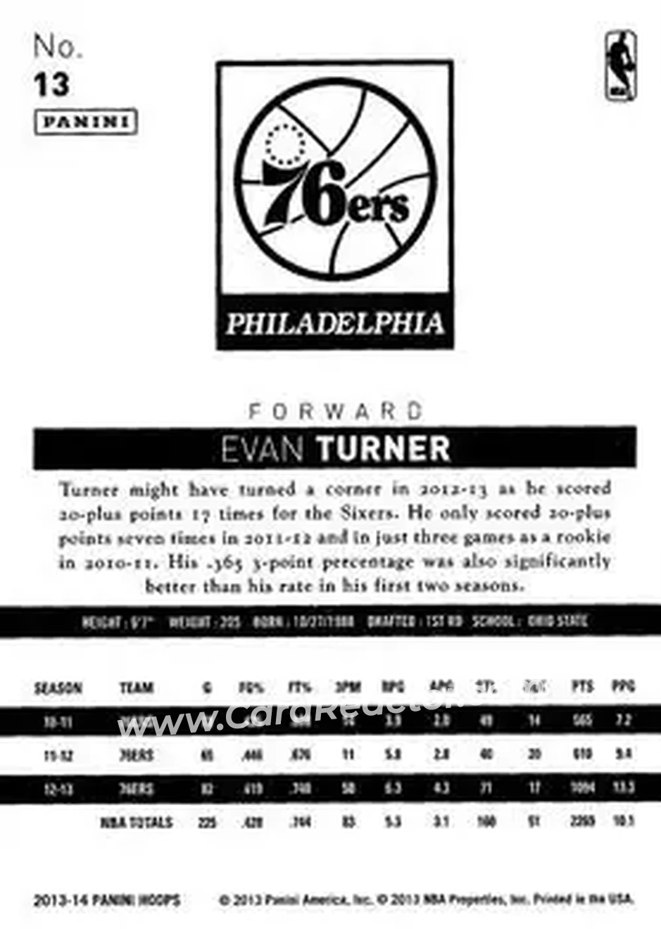 2013-14 Hoops #13 - Evan Turner - Philadelphia 76ers - Back