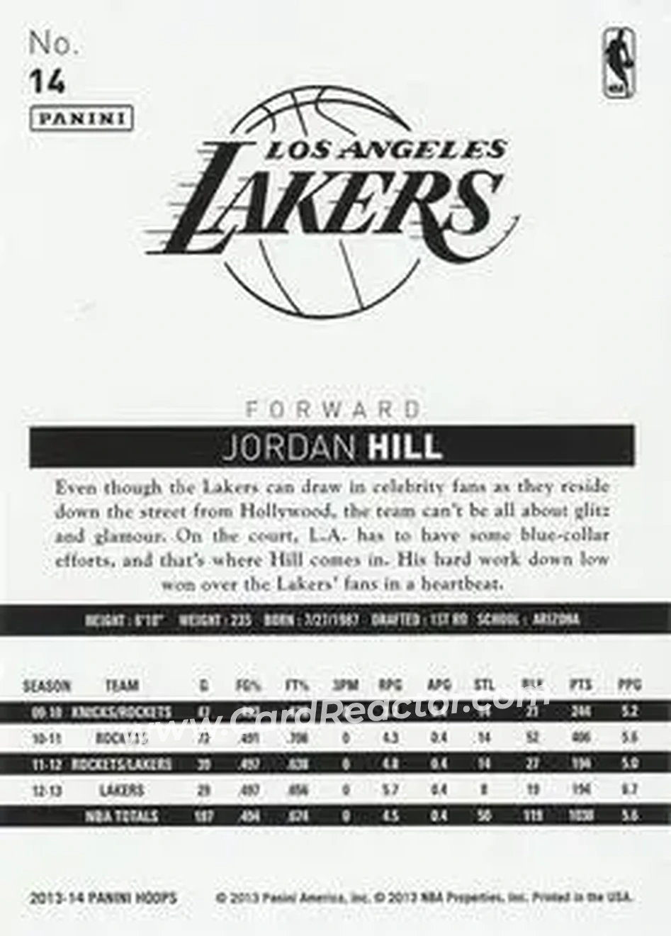 2013-14 Hoops #14 - Jordan Hill - Los Angeles Lakers - Back