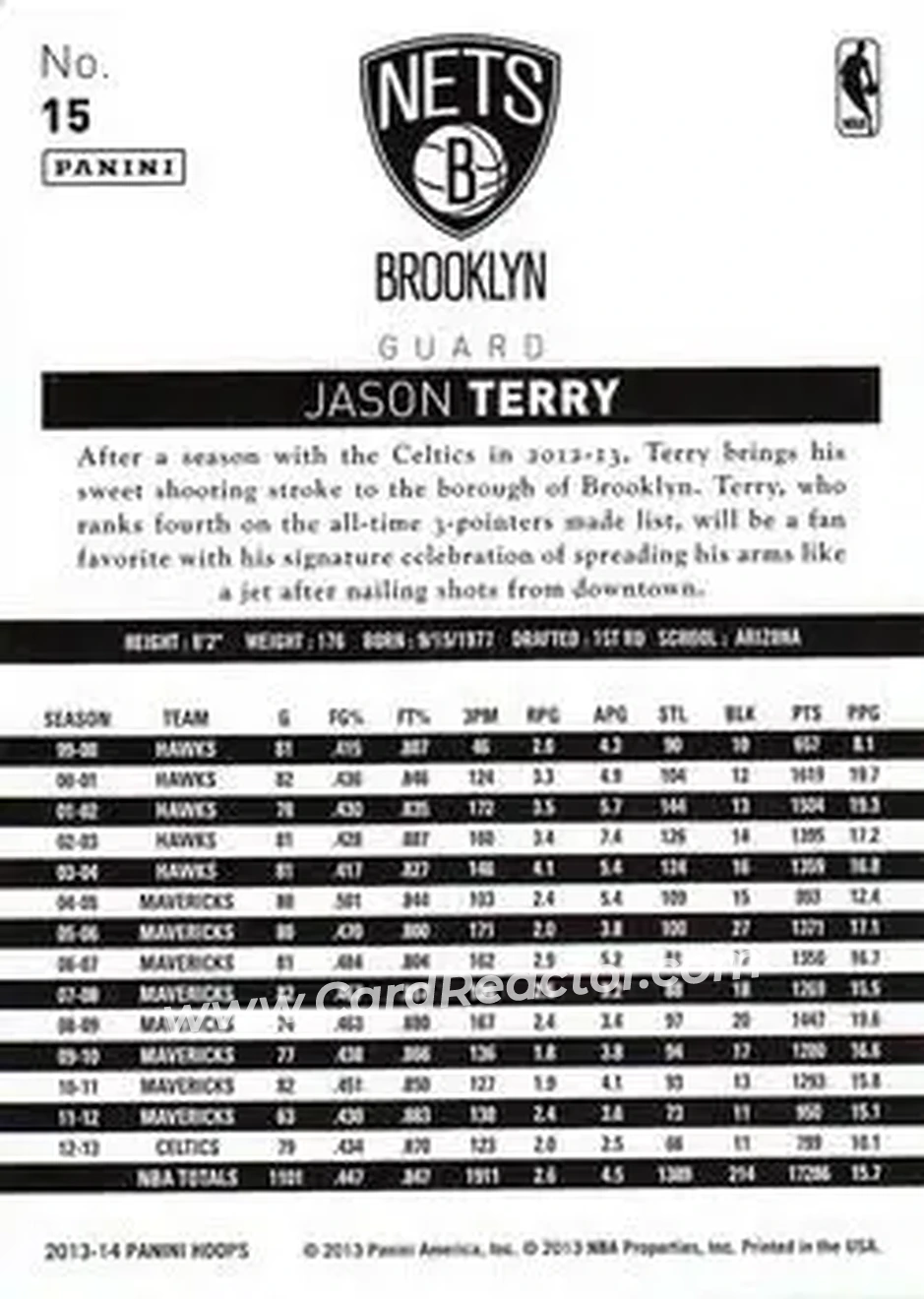 2013-14 Hoops #15 - Jason Terry - Brooklyn Nets - Back