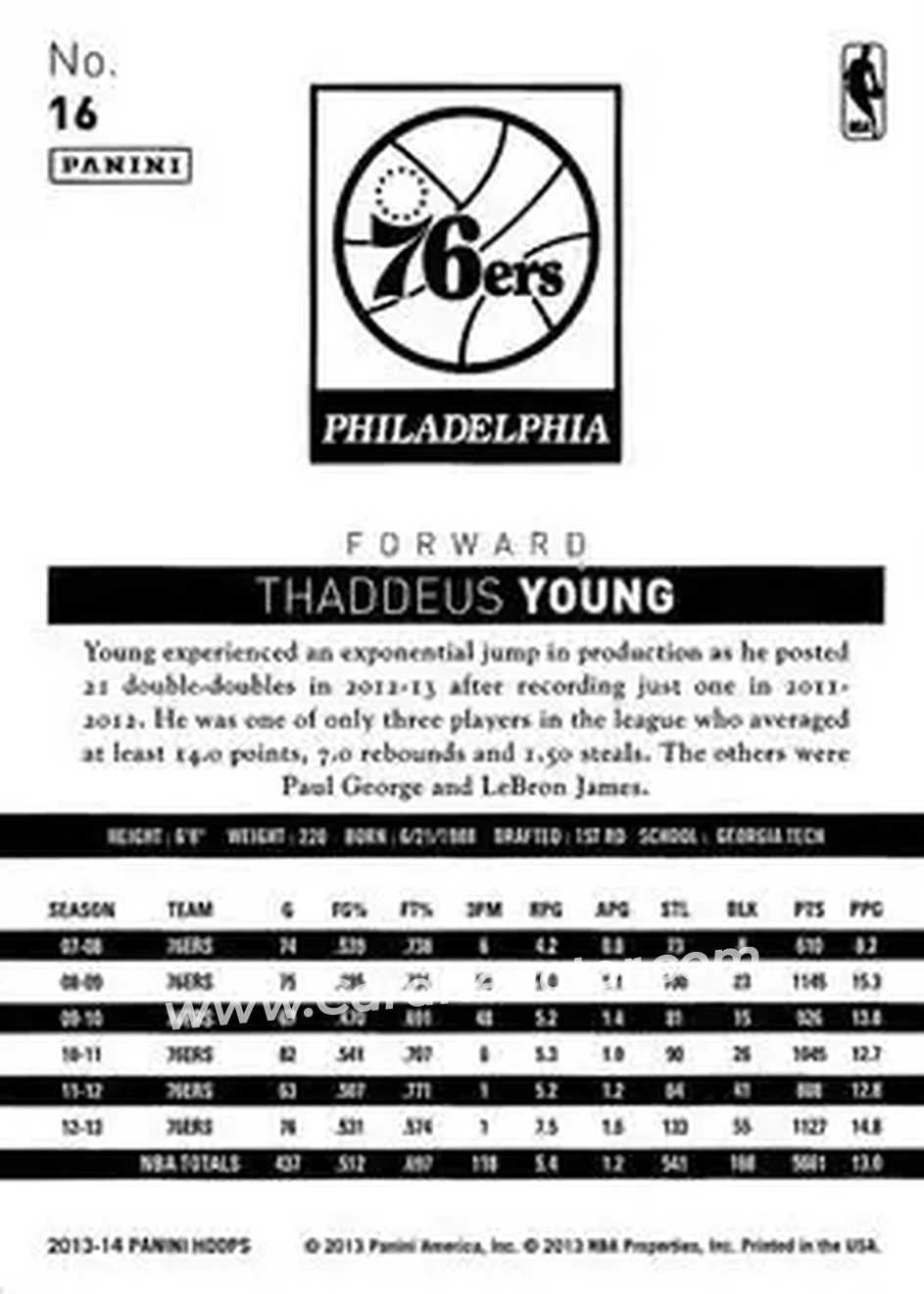 2013-14 Hoops #16 - Thaddeus Young - Philadelphia 76ers - Back
