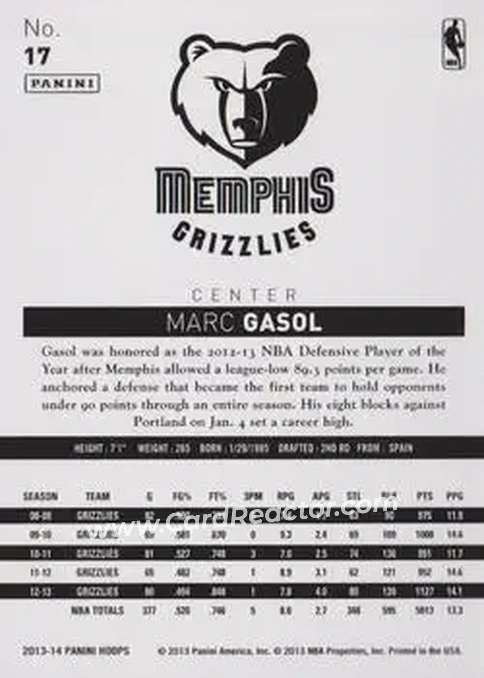 2013-14 Hoops #17 - Marc Gasol - Memphis Grizzlies - Back