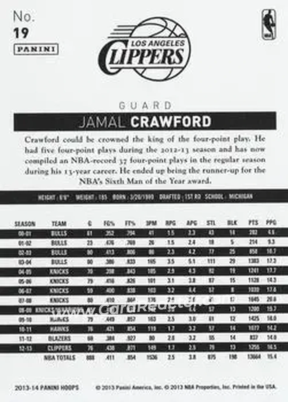 2013-14 Hoops #19 - Jamal Crawford - Los Angeles Clippers - Back