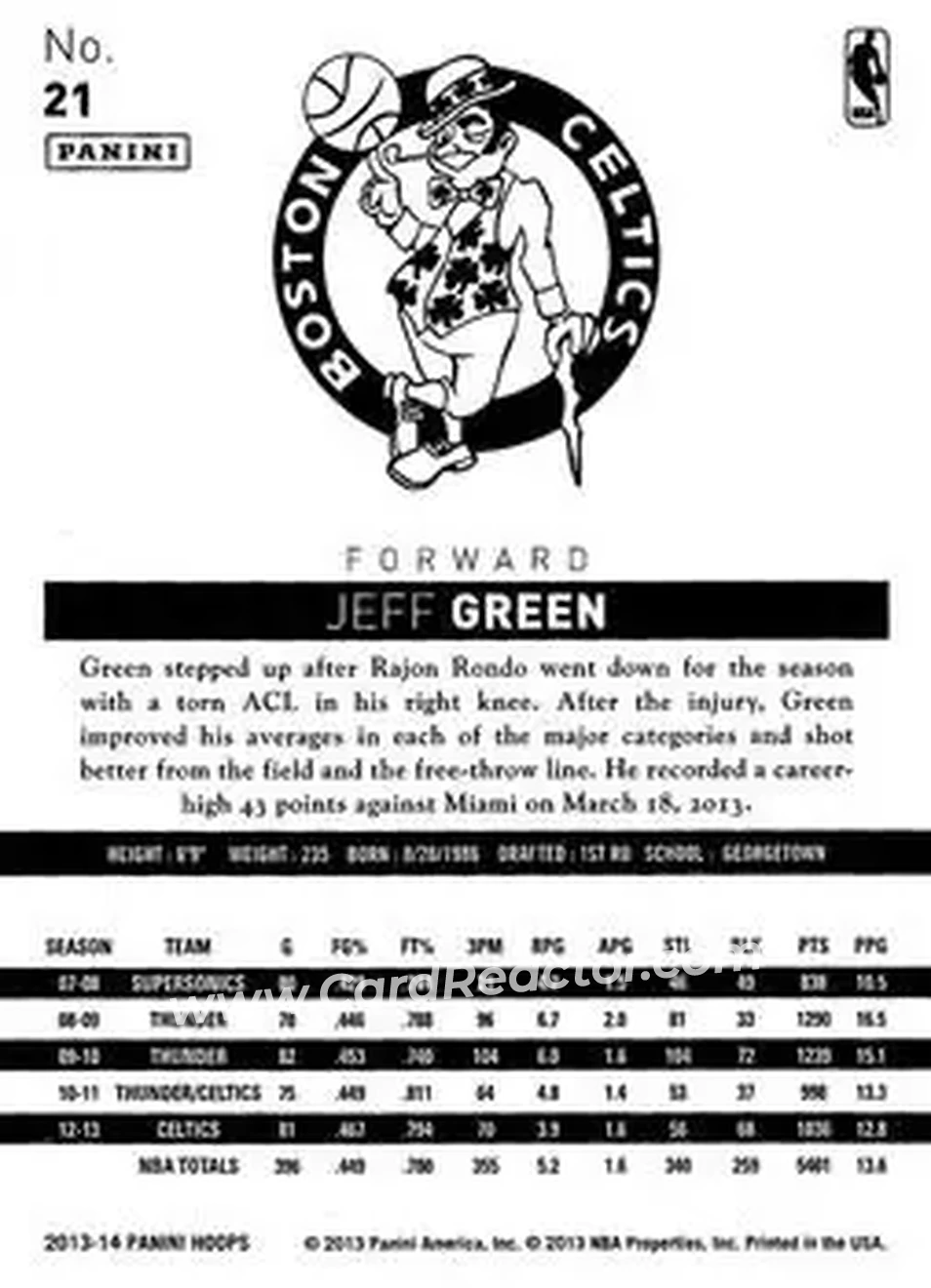2013-14 Hoops #21 - Jeff Green - Boston Celtics - Back 2013-14 Hoops #21 - Jeff Green - Boston Celtics - Back