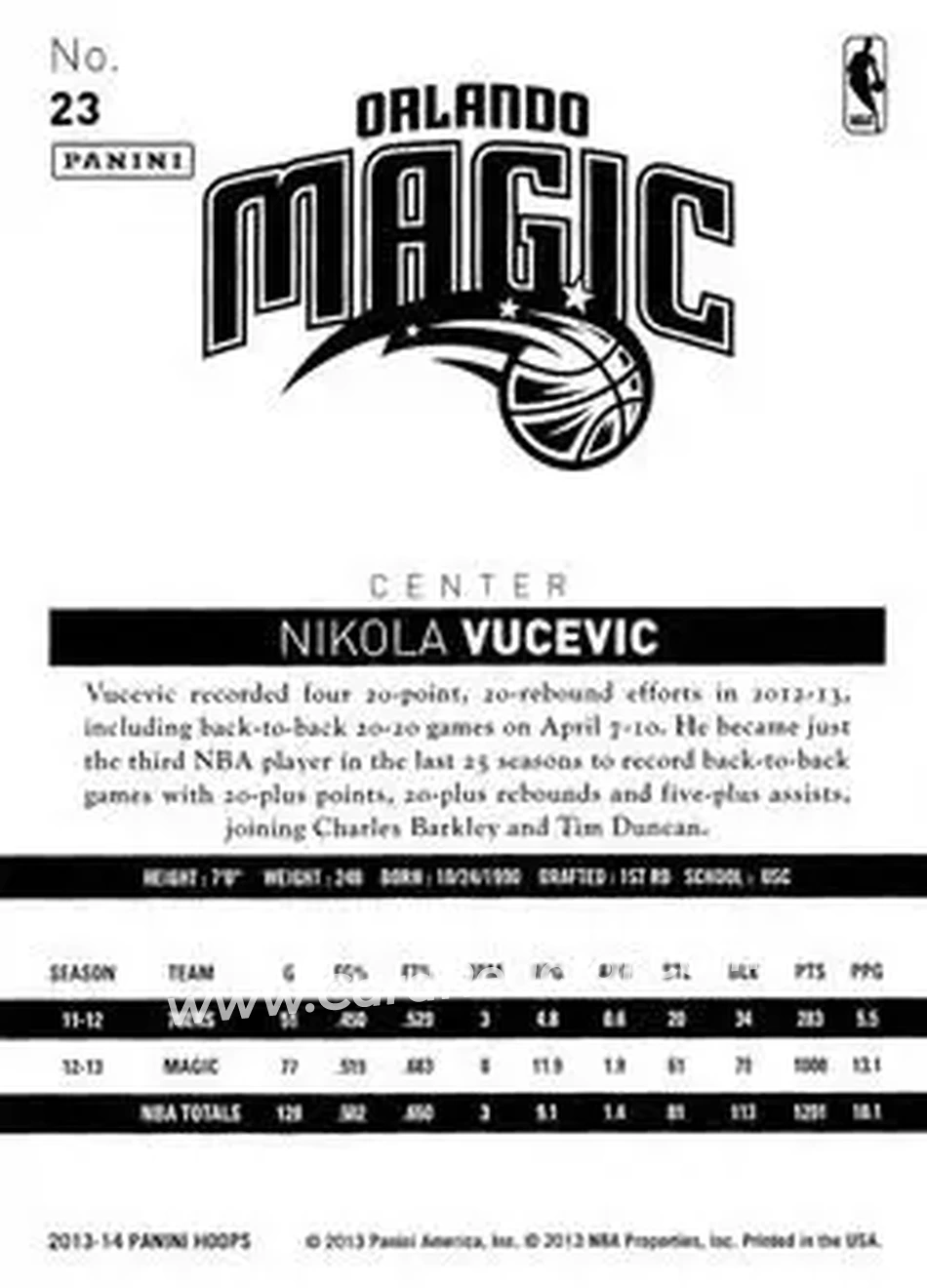2013-14 Hoops #23 - Nikola Vučević - Orlando Magic - Back