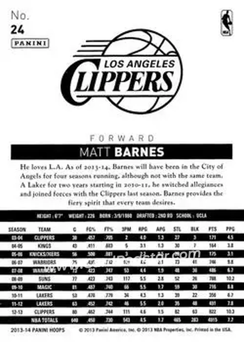 2013-14 Hoops #24 - Matt Barnes - Los Angeles Clippers - Back