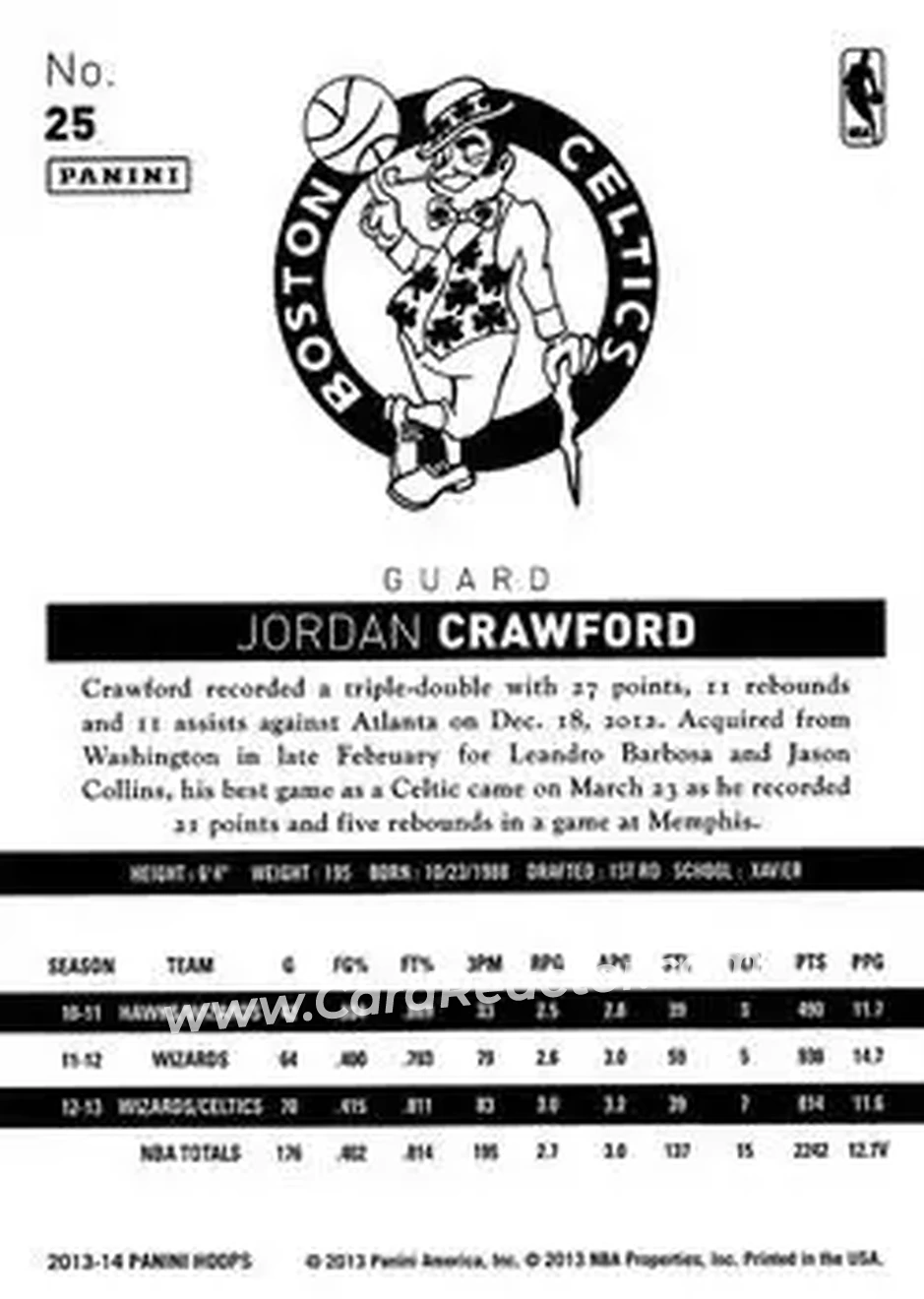 2013-14 Hoops #25 - Jordan Crawford - Boston Celtics - Back