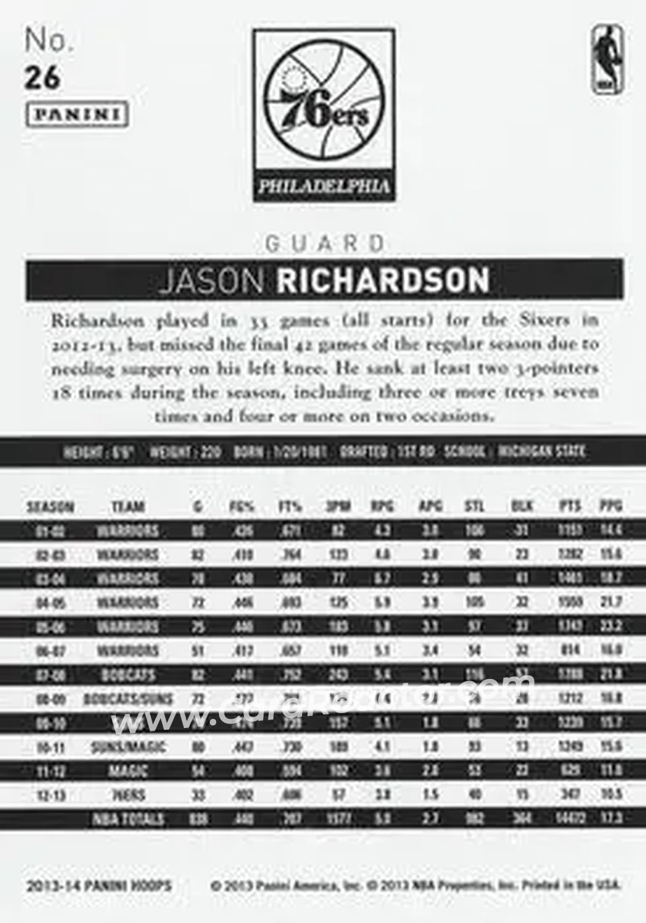 2013-14 Hoops #26 - Jason Richardson - Philadelphia 76ers - Back