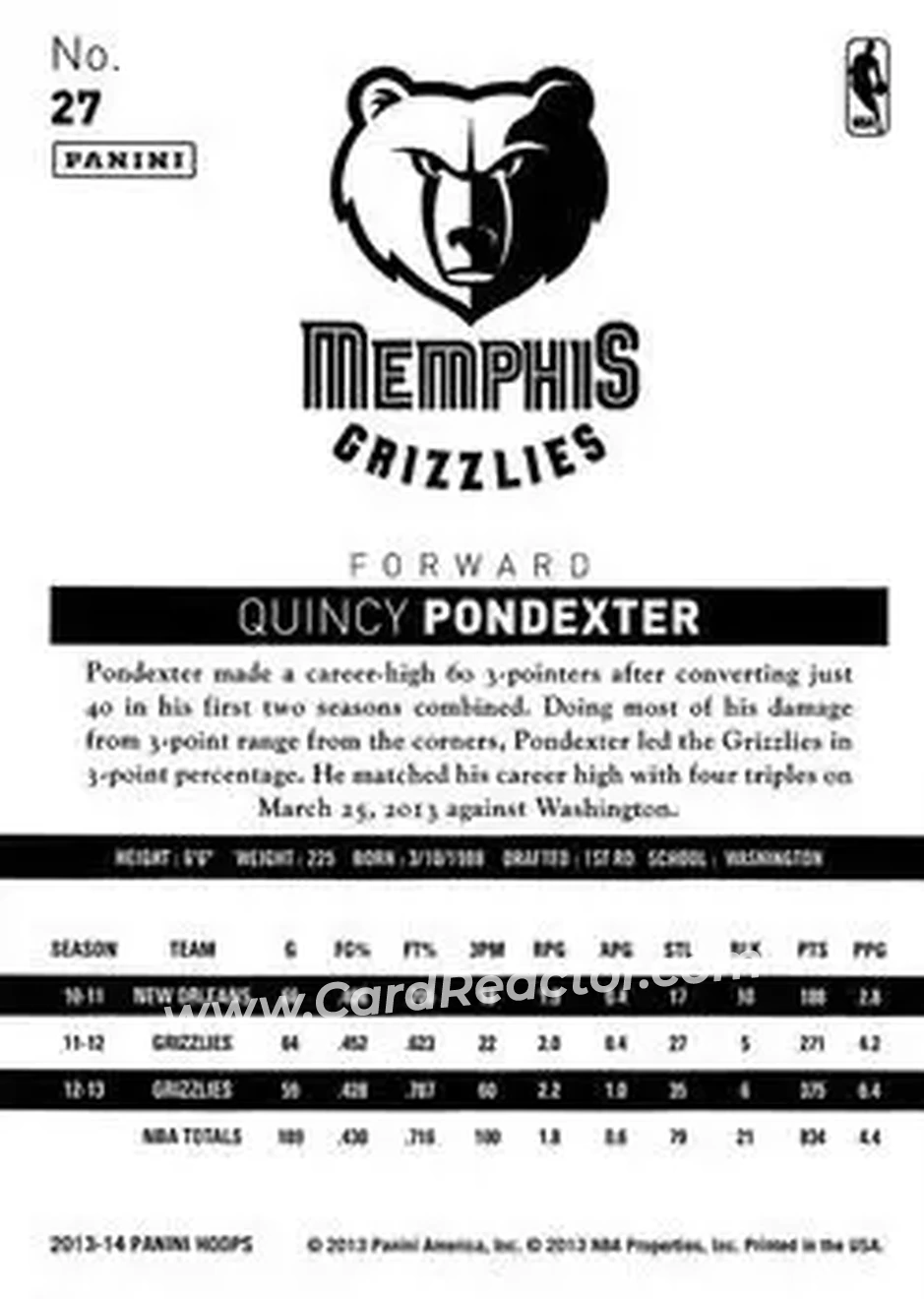 2013-14 Hoops #27 - Quincy Pondexter - Memphis Grizzlies - Back