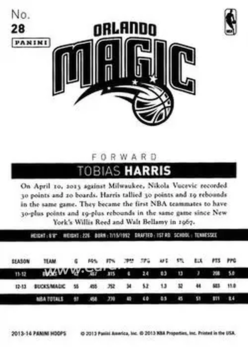 2013-14 Hoops #28 - Tobias Harris - Orlando Magic - Back