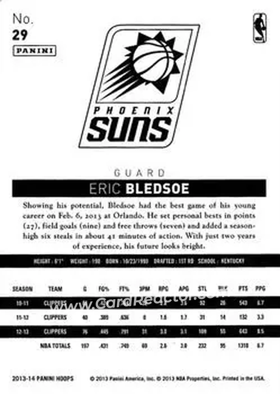 2013-14 Hoops #29 - Eric Bledsoe - Phoenix Suns - Back