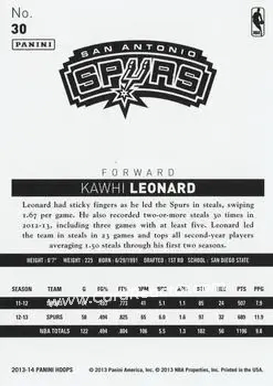 2013-14 Hoops #30 - Kawhi Leonard - San Antonio Spurs - Back