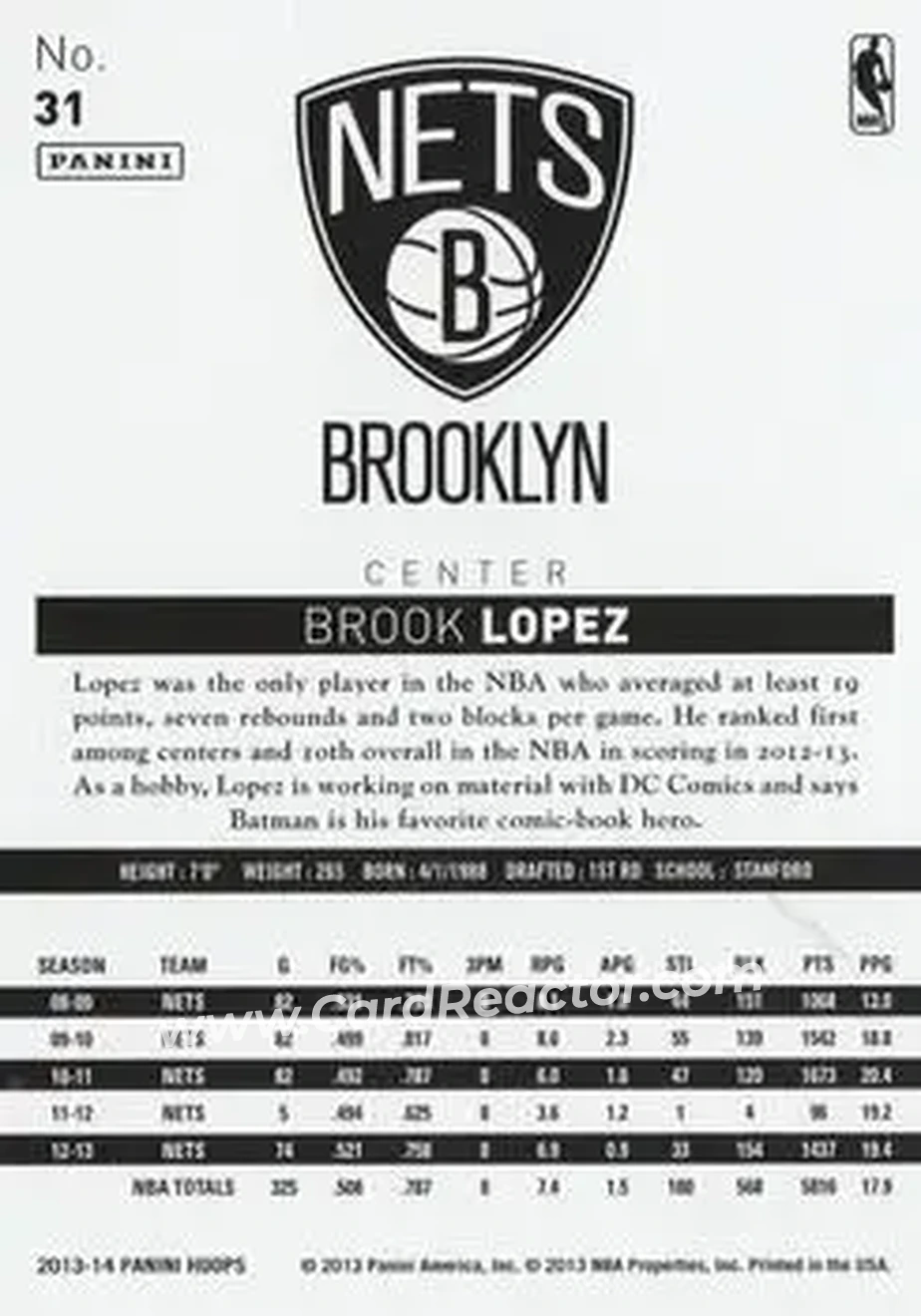 2013-14 Hoops #31 - Brook Lopez - Brooklyn Nets - Back