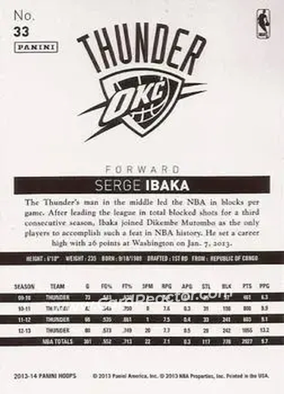 2013-14 Hoops #33 - Serge Ibaka - Oklahoma City Thunder - Back