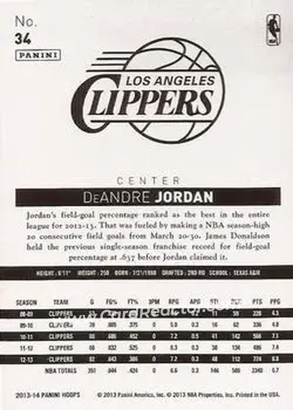 2013-14 Hoops #34 - DeAndre Jordan - Los Angeles Clippers - Back