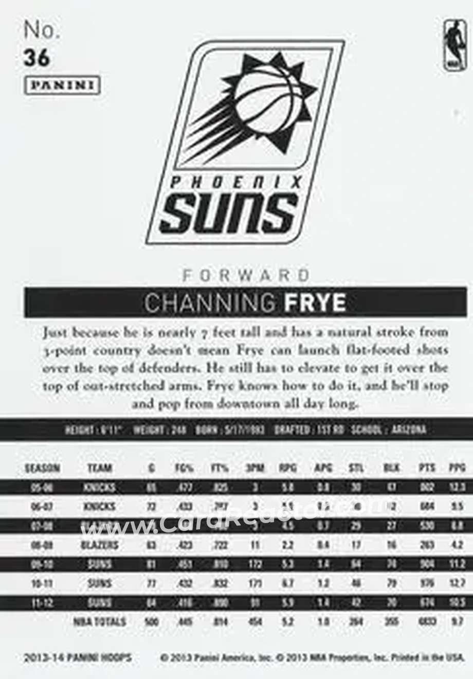 2013-14 Hoops #36 - Channing Frye - Phoenix Suns - Back