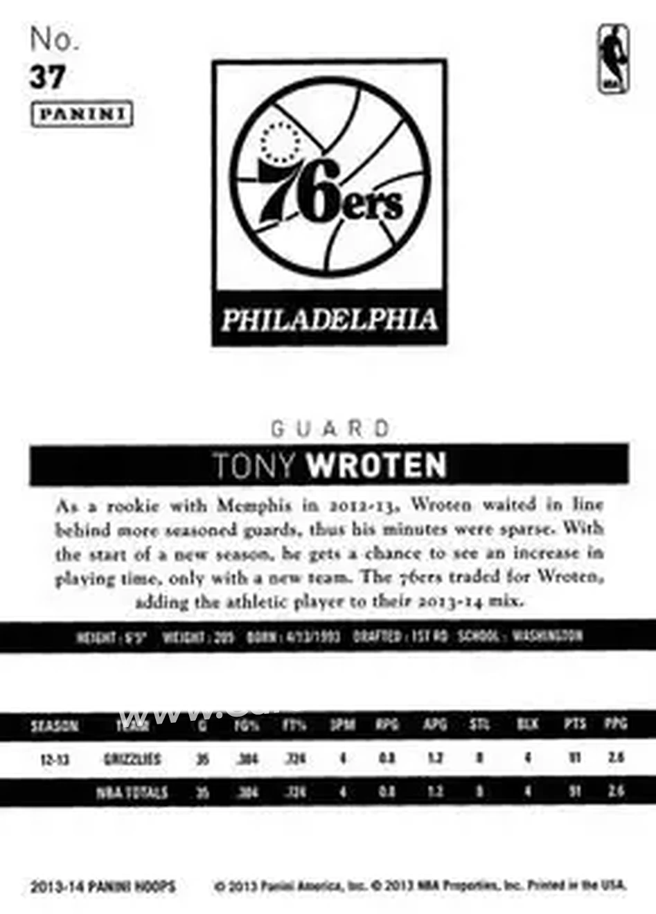 2013-14 Hoops #37 - Tony Wroten - Philadelphia 76ers - Back