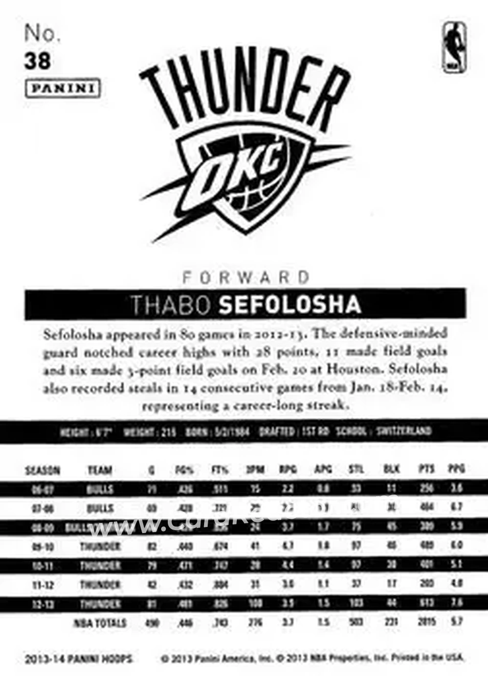 2013-14 Hoops #38 - Thabo Sefolosha - Oklahoma City Thunder - Back