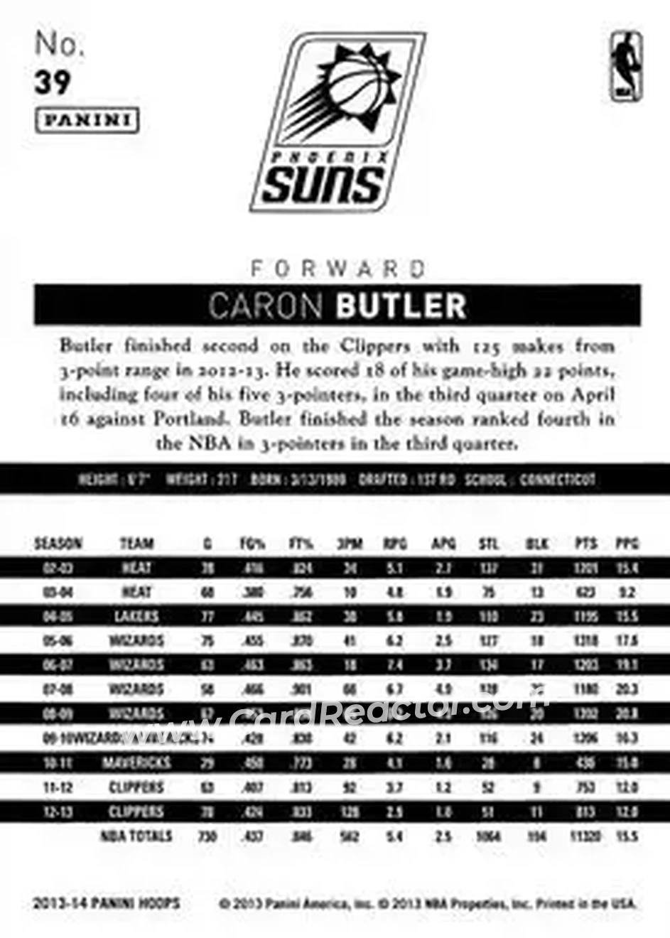 2013-14 Hoops #39 - Caron Butler - Phoenix Suns - Back
