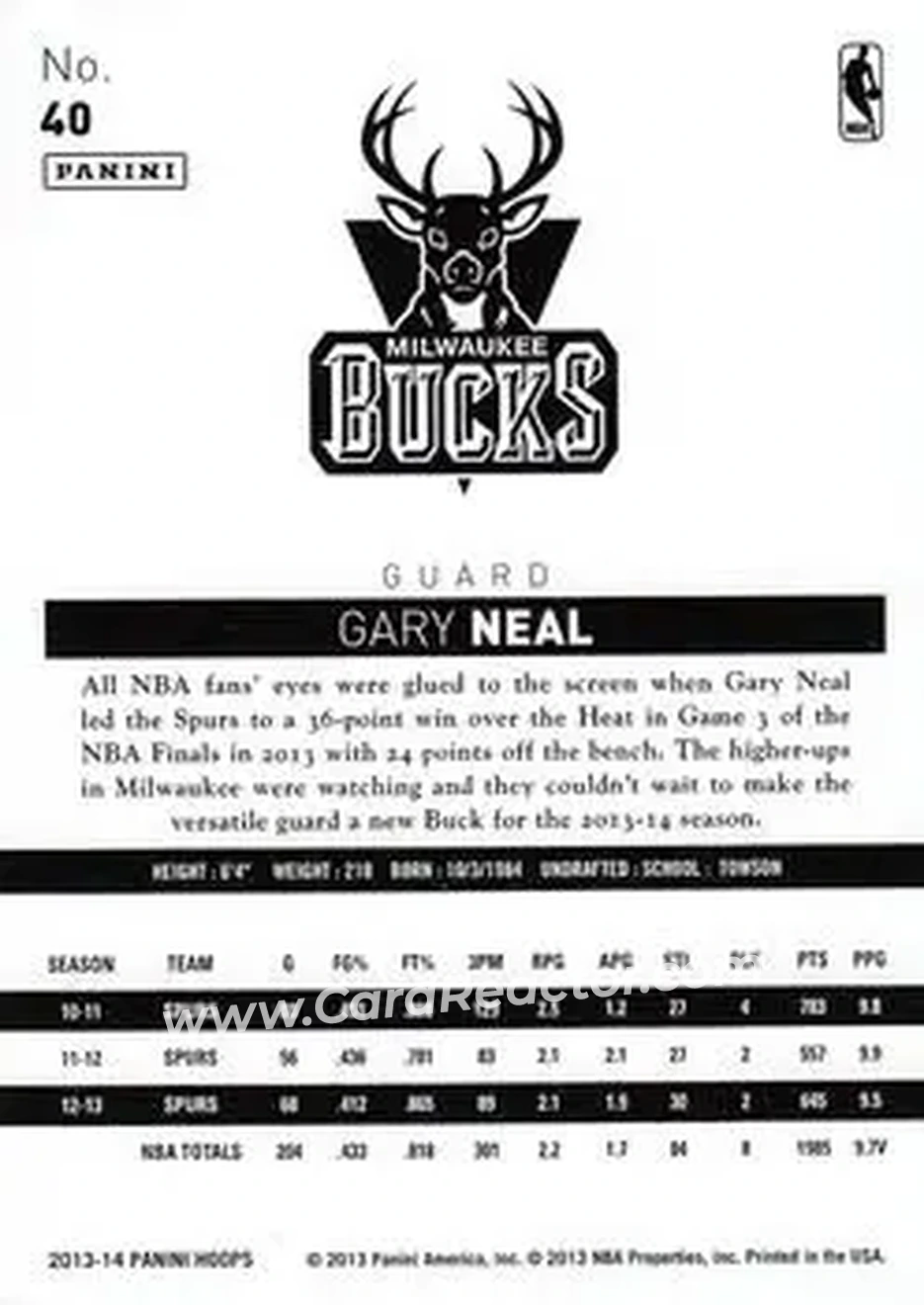 2013-14 Hoops #40 - Gary Neal - Milwaukee Bucks - Back