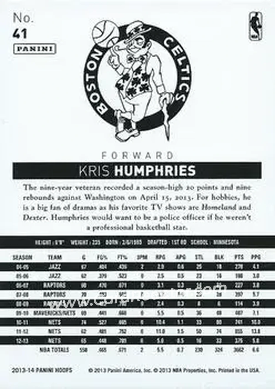 2013-14 Hoops #41 - Kris Humphries - Boston Celtics - Back 2013-14 Hoops #41 - Kris Humphries - Boston Celtics - Back