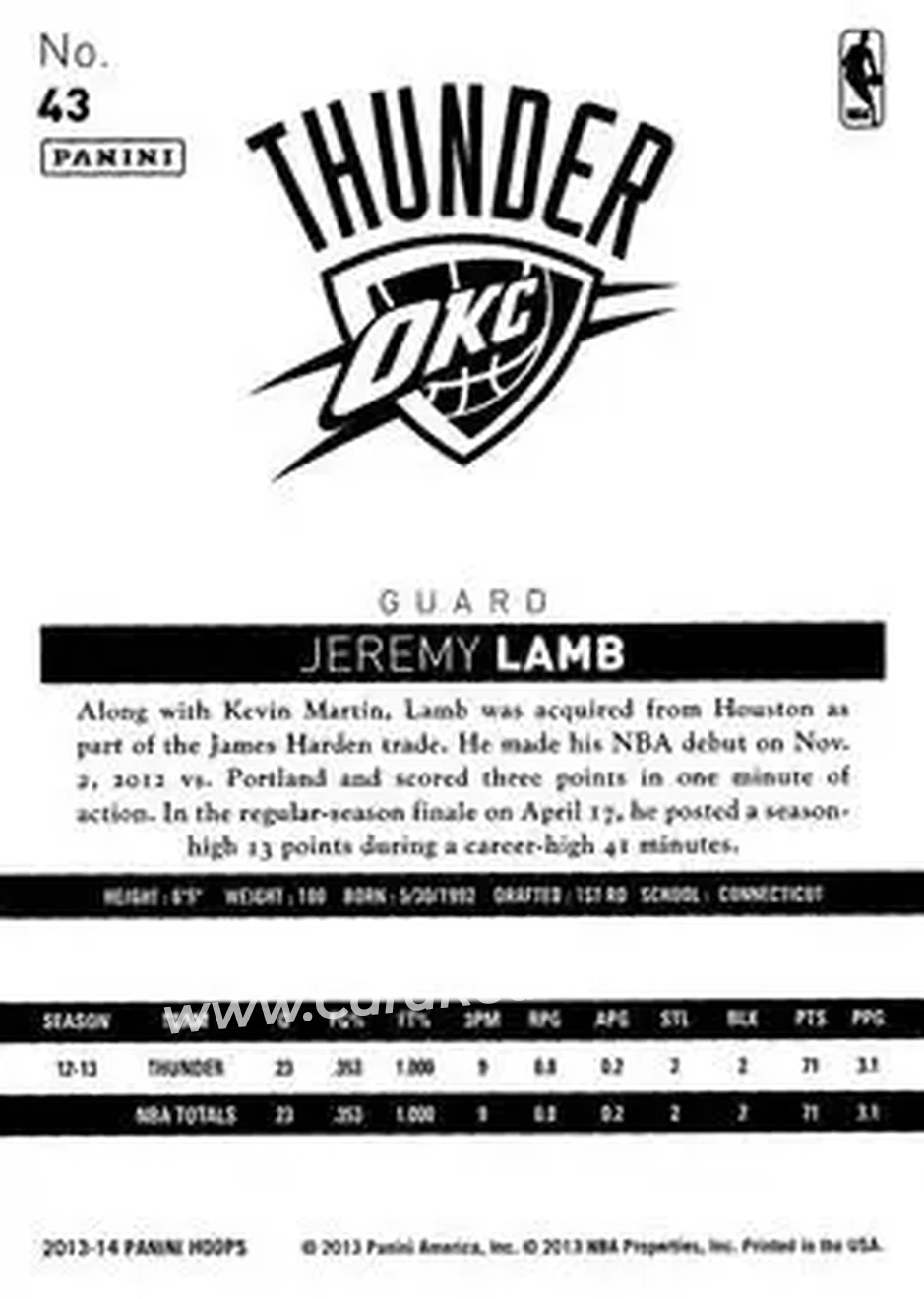 2013-14 Hoops #43 - Jeremy Lamb - Oklahoma City Thunder - Back