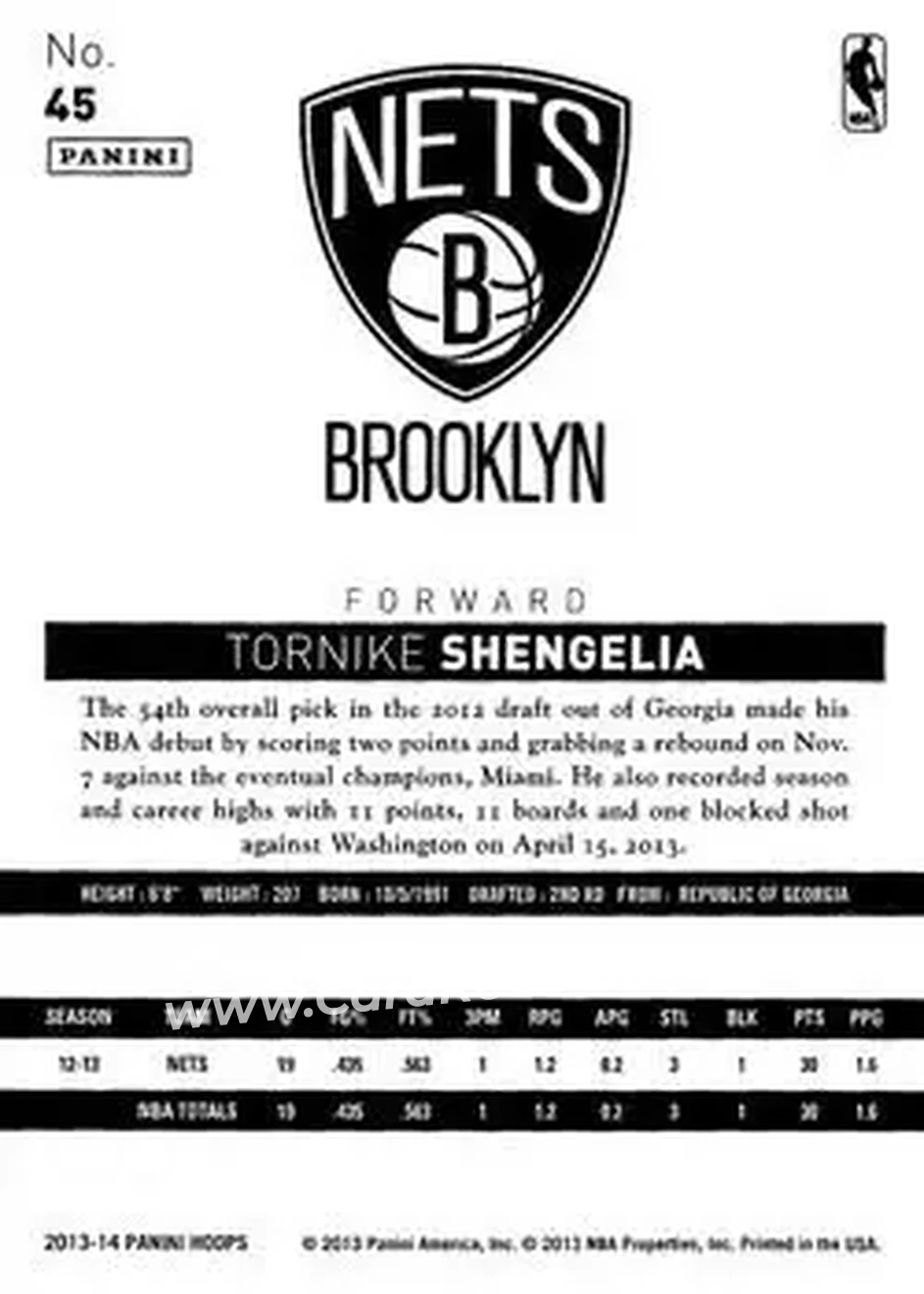 2013-14 Hoops #45 - Tornike Shengelia - Brooklyn Nets - Back