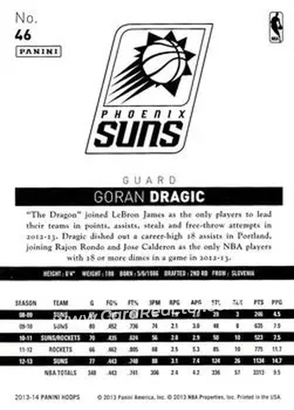 2013-14 Hoops #46 - Goran Dragić - Phoenix Suns - Back
