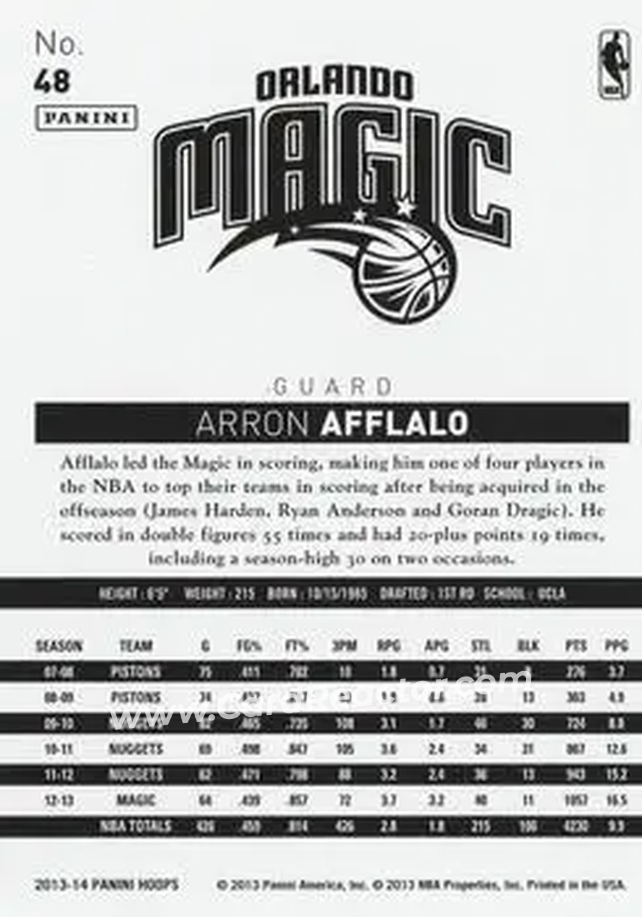 2013-14 Hoops #48 - Arron Afflalo - Orlando Magic - Back