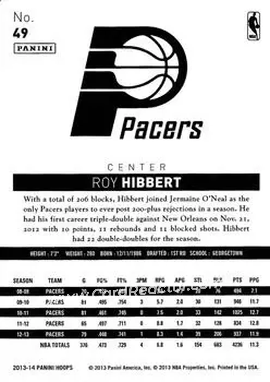 2013-14 Hoops #49 - Roy Hibbert - Indiana Pacers - Back