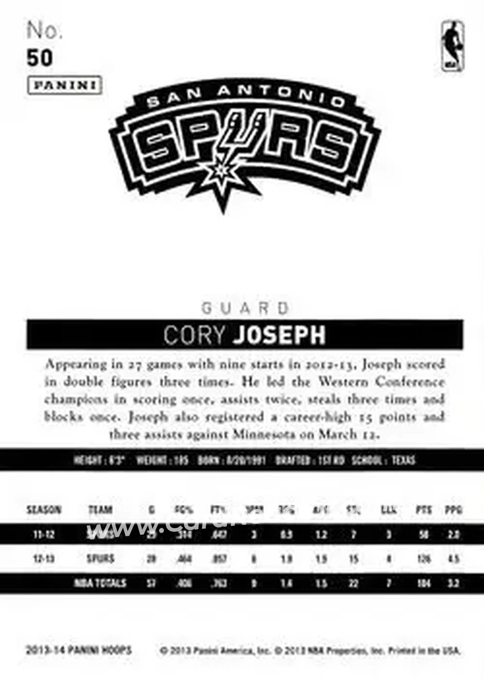 2013-14 Hoops #50 - Cory Joseph - San Antonio Spurs - Back 2013-14 Hoops #50 - Cory Joseph - San Antonio Spurs - Back