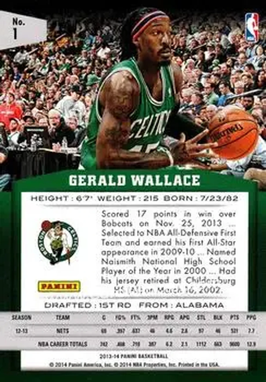 2013-14 Panini #1 - Gerald Wallace - Boston Celtics - Back