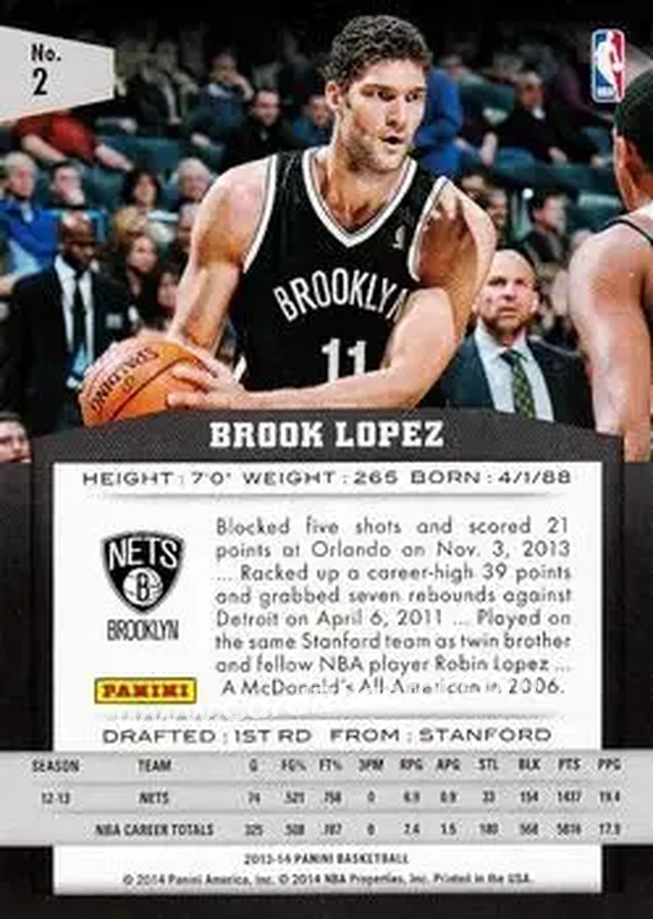 2013-14 Panini #2 - Brook Lopez - Brooklyn Nets - Back 2013-14 Panini #2 - Brook Lopez - Brooklyn Nets - Back