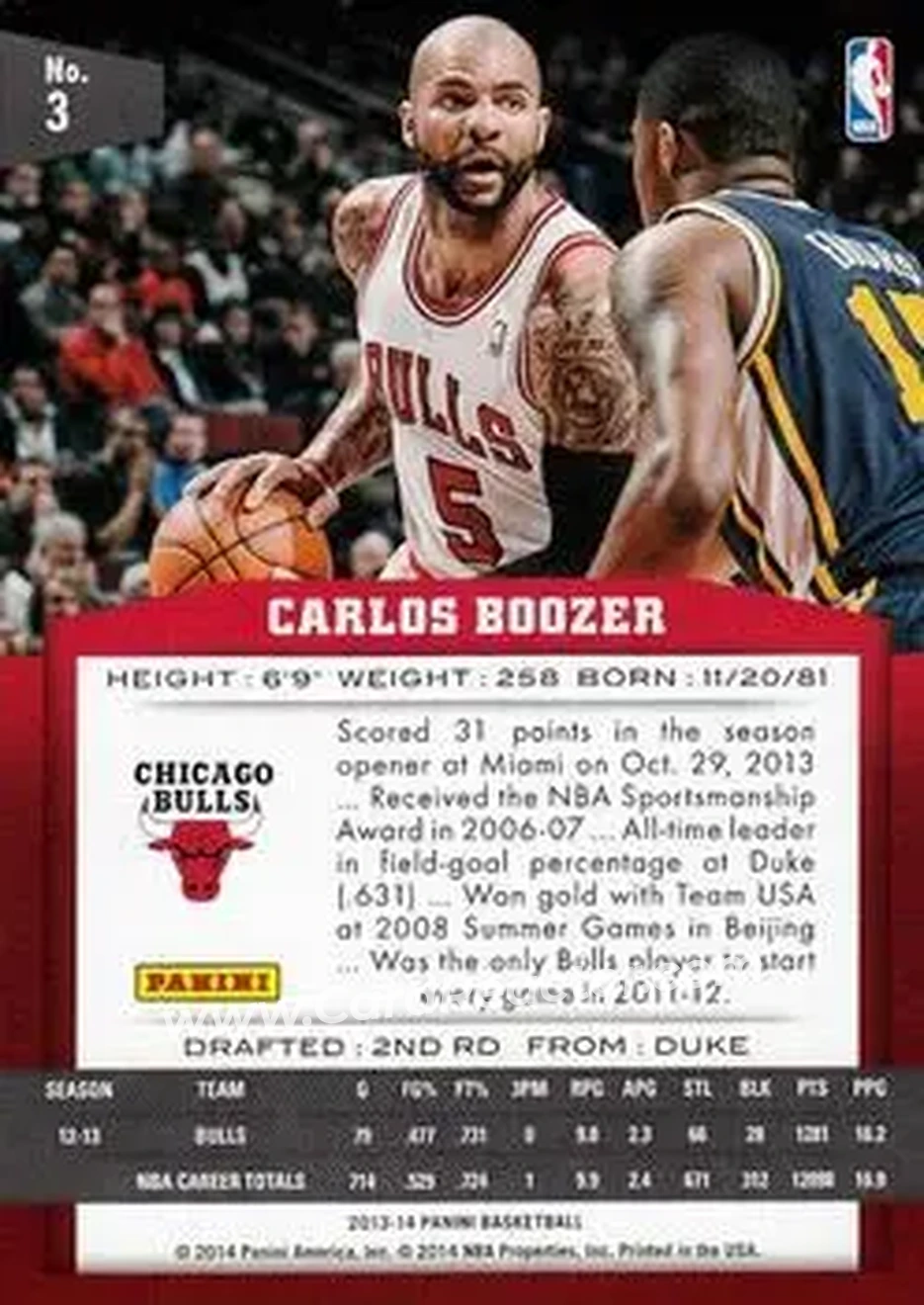 2013-14 Panini #3 - Carlos Boozer - Chicago Bulls - Back 2013-14 Panini #3 - Carlos Boozer - Chicago Bulls - Back